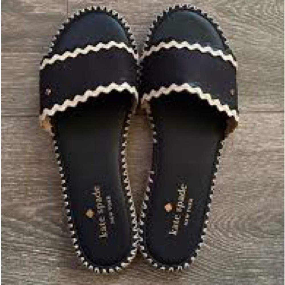 kate spade Black and Cream Ric-Rac Trim Slide Sandals
